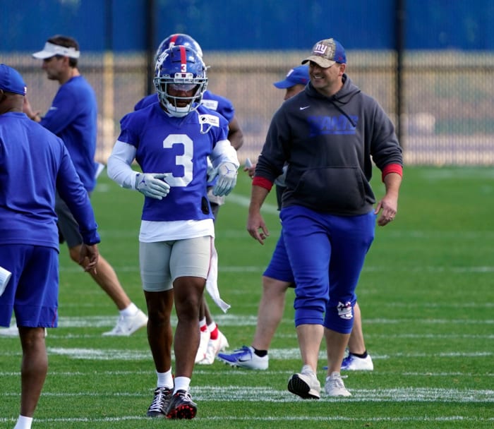 Sterling Shepard and Joe Judge at Giants 2021 OTAs